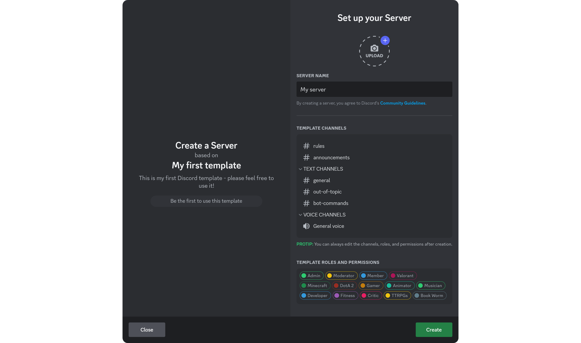 A server template preview on Discord