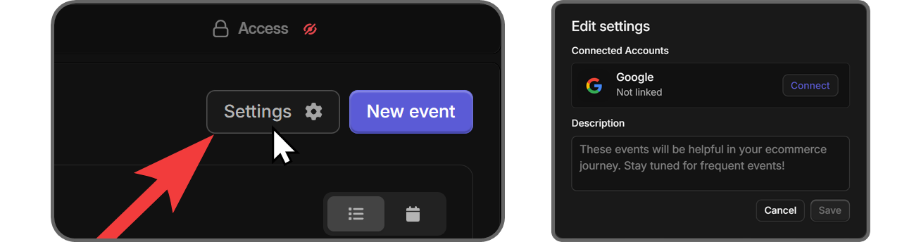 Steps of navigating into the settings of the Events app on Whop