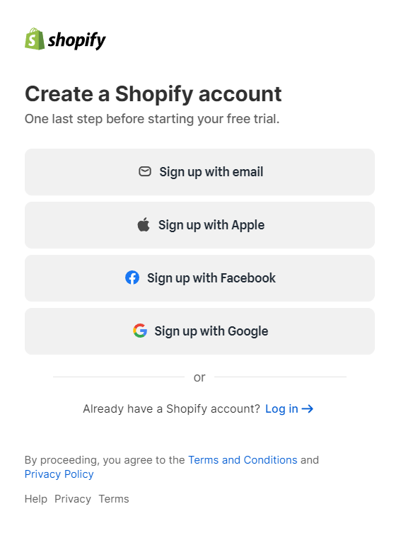 Shopify sign up