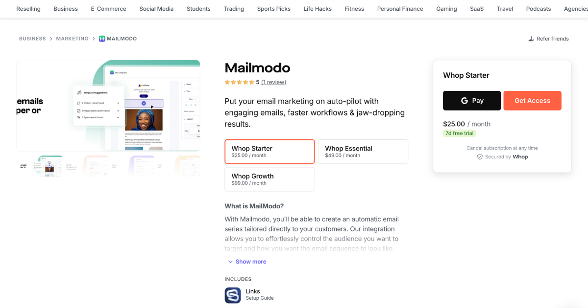 Mailmodo's Whop page