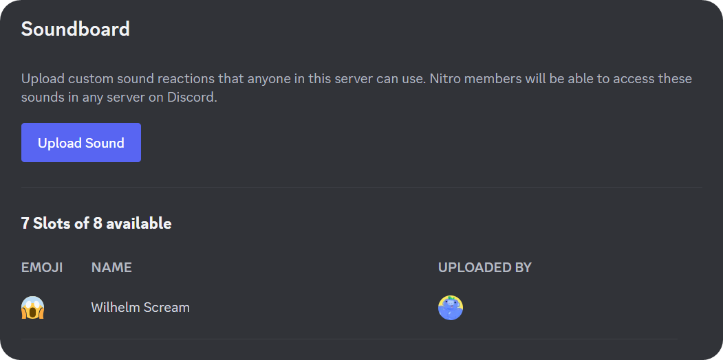 An example of an uploaded sound on the Soundboard settings section of Discord