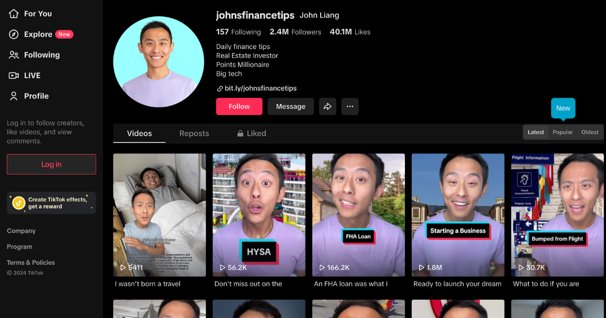 Screenshot of John Liang's TikTok page 