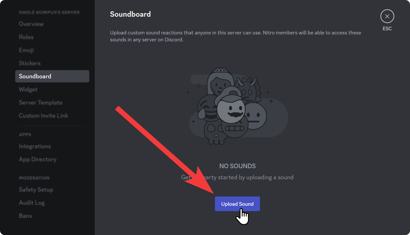 The Soundboard section of a Discord server's settings with a highlight to Upload Sound button