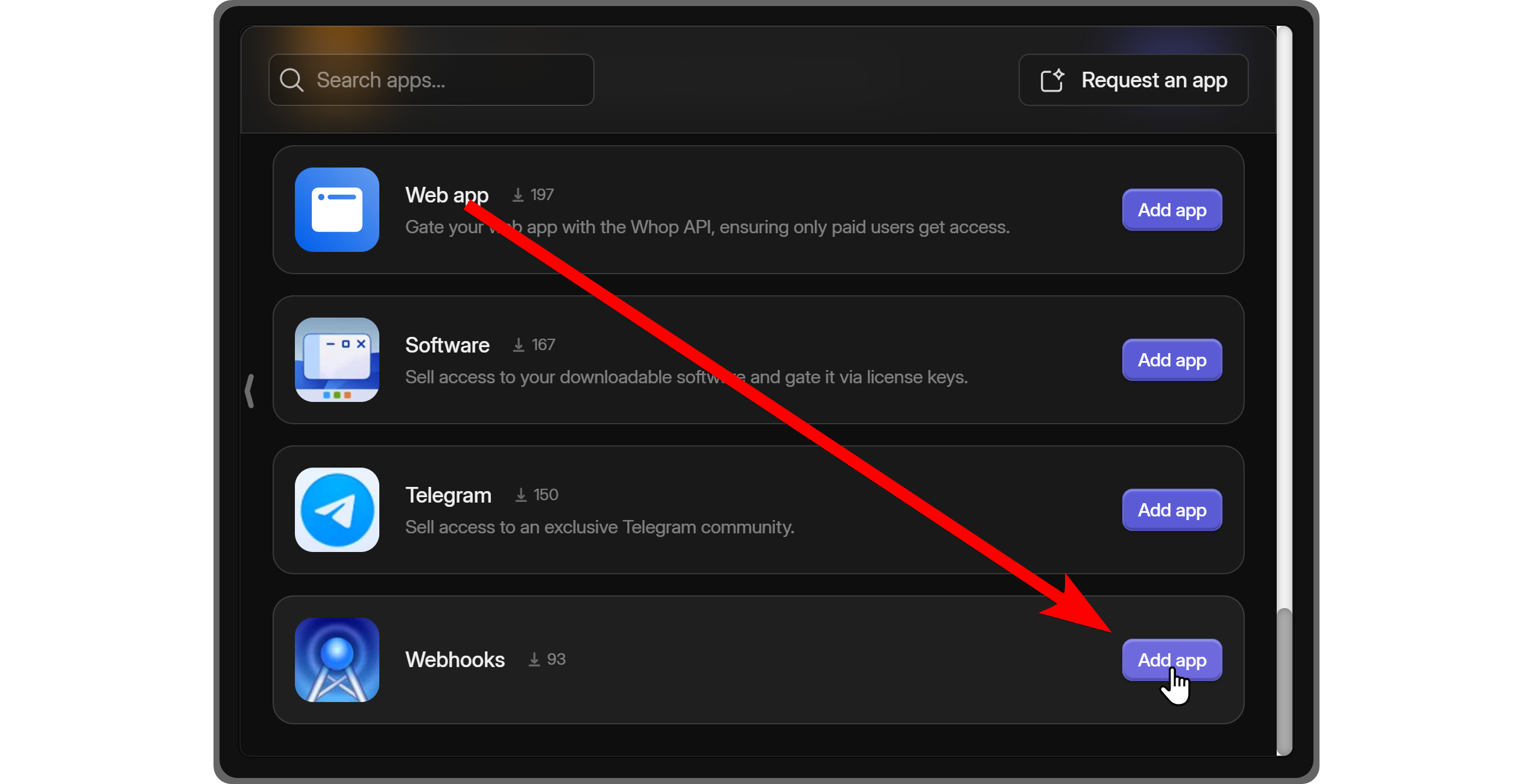 The Add app button of the Webhooks app on Whop