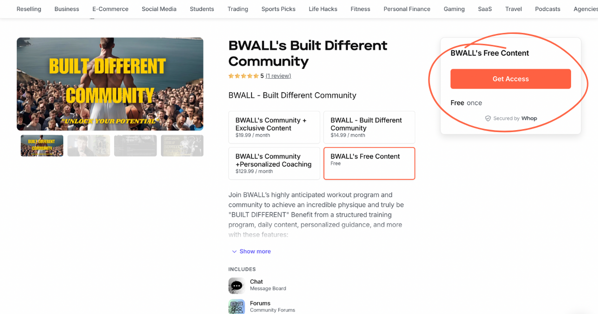 A Whop community page showing a free access option
