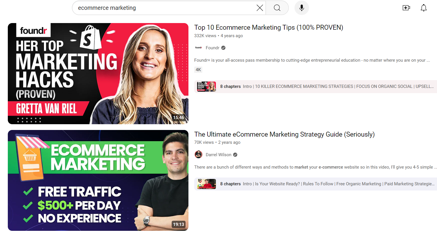 YouTube ecommerce marketing search results