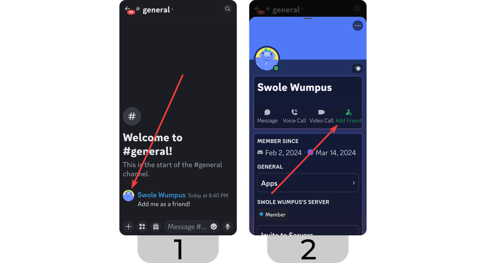 Steps of sending a friend request to a Discord user on mobile