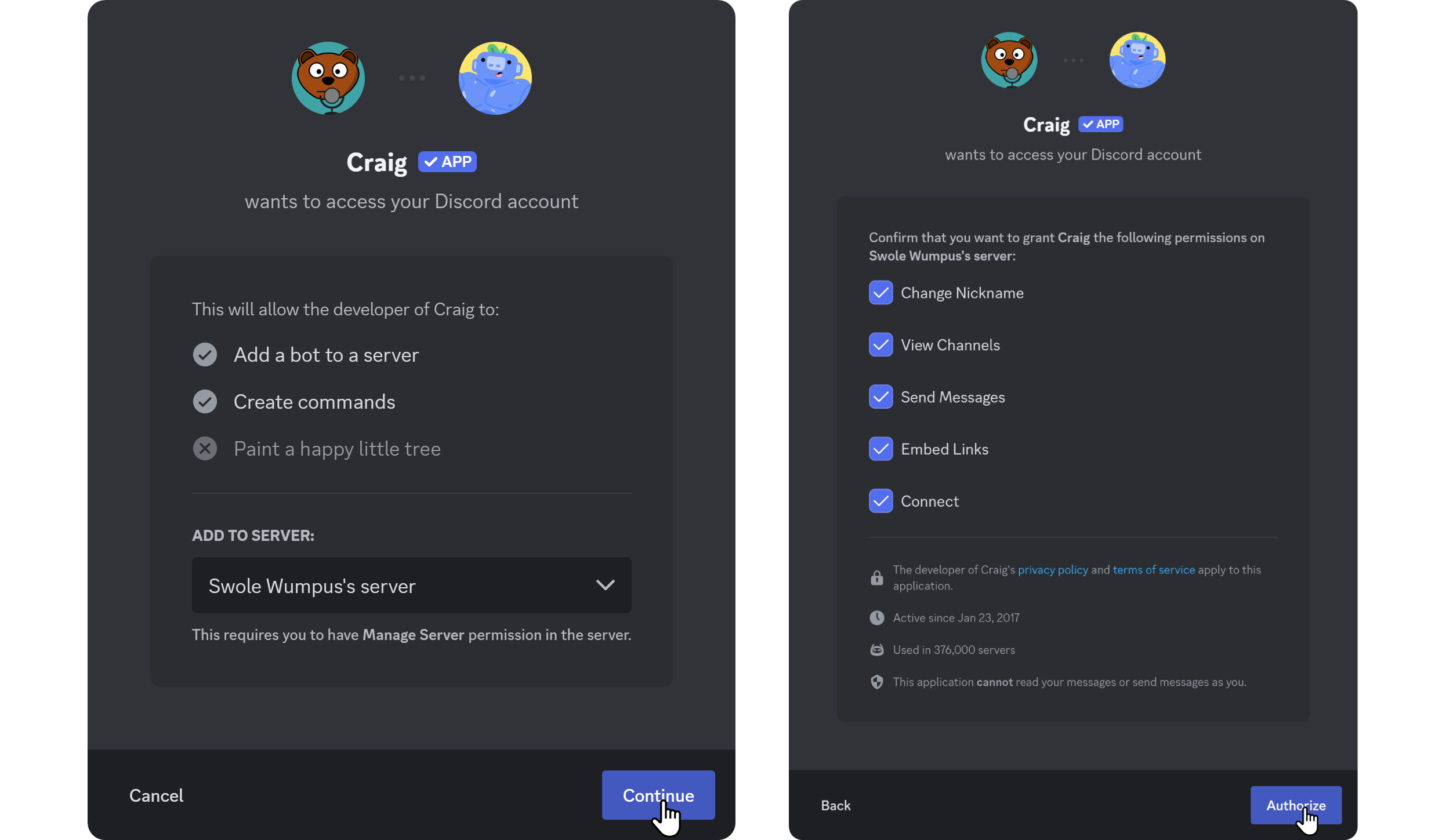 Steps of adding the Craig bot to a Discord server