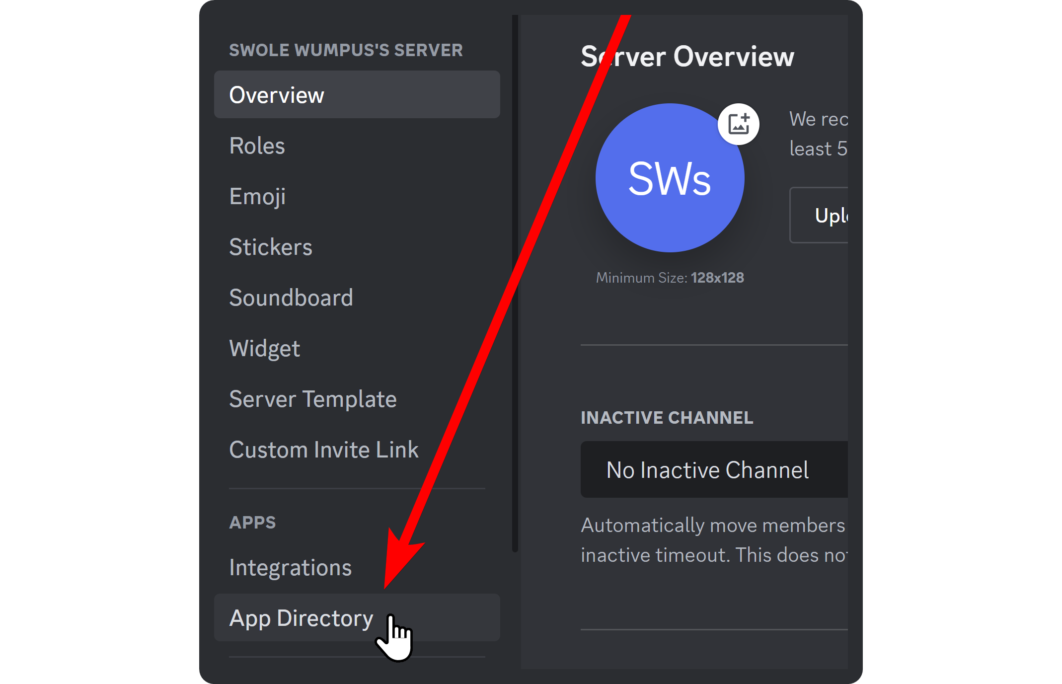 The App Directory button in the settings of a Discord server