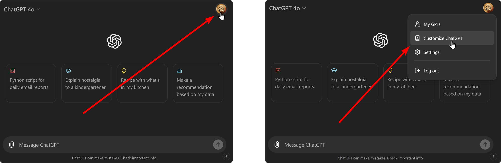 The context menu and its Customize ChatGPT buttons on ChatGPT