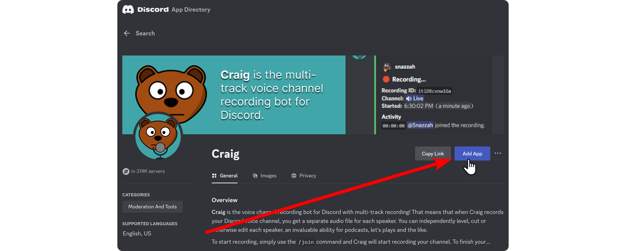 The Craig bot in the App Directory section of Discord