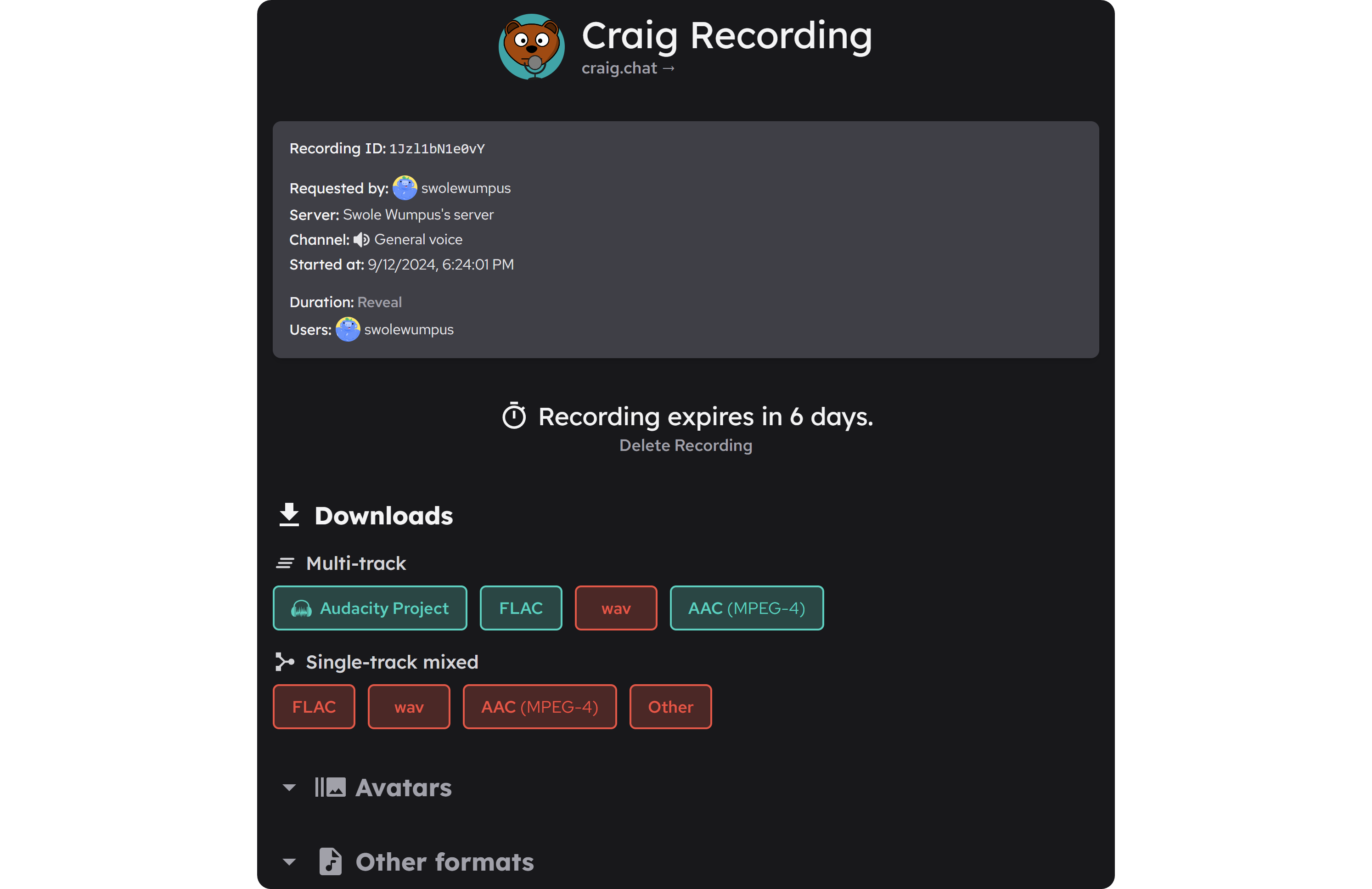 The recording dashboard of Craig bot