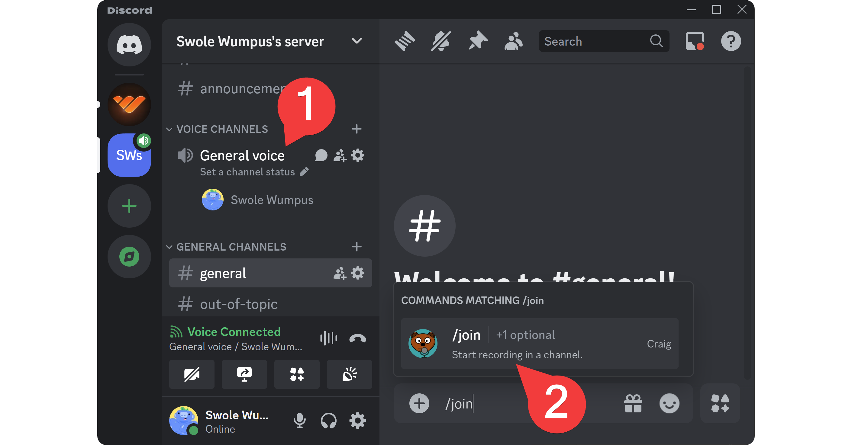 Using the Join command to make Craig start recording on Discord