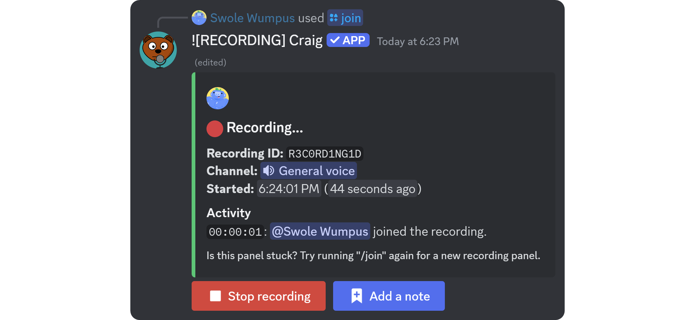 The recording panel of Craig bot on Discord