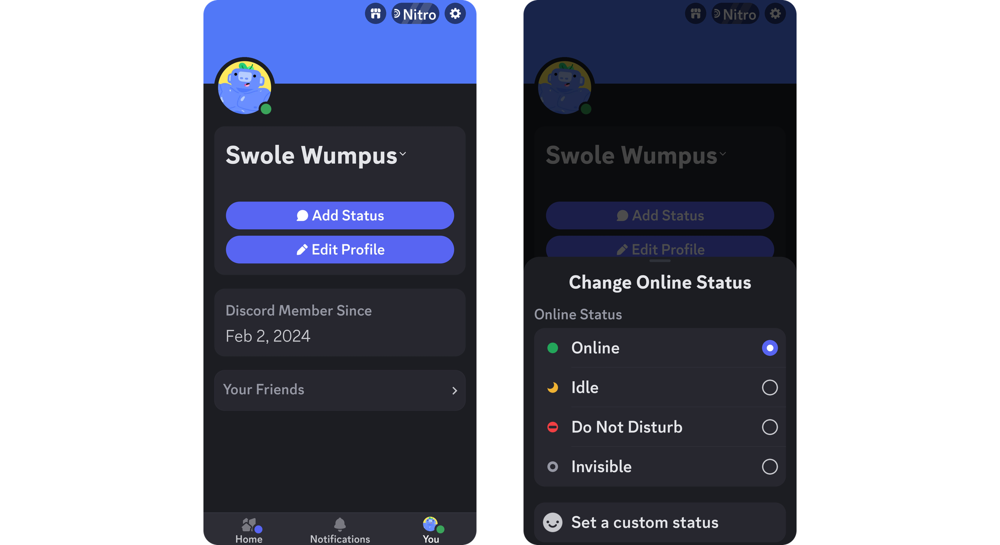 Steps of changing status on the mobile version of Discord