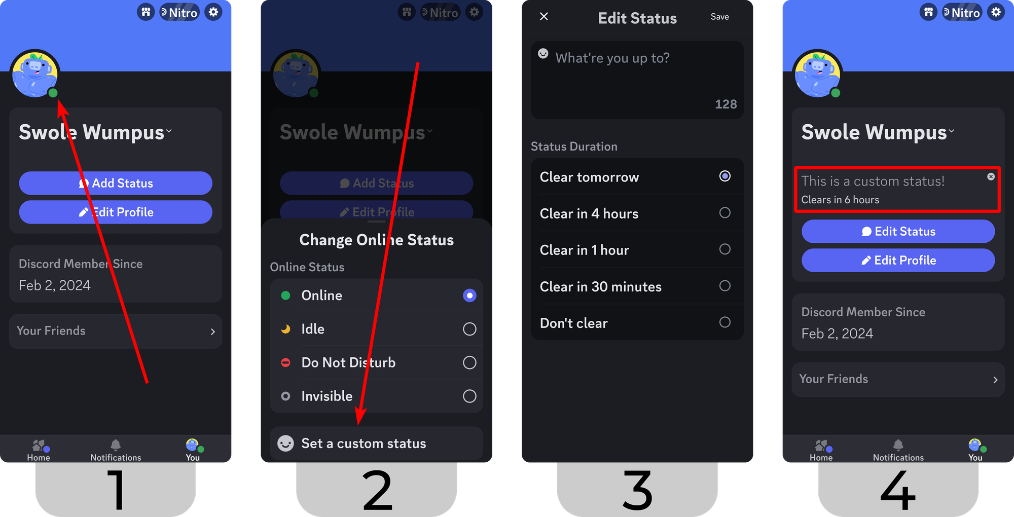 Steps of adding a custom status on the mobile version of Discord