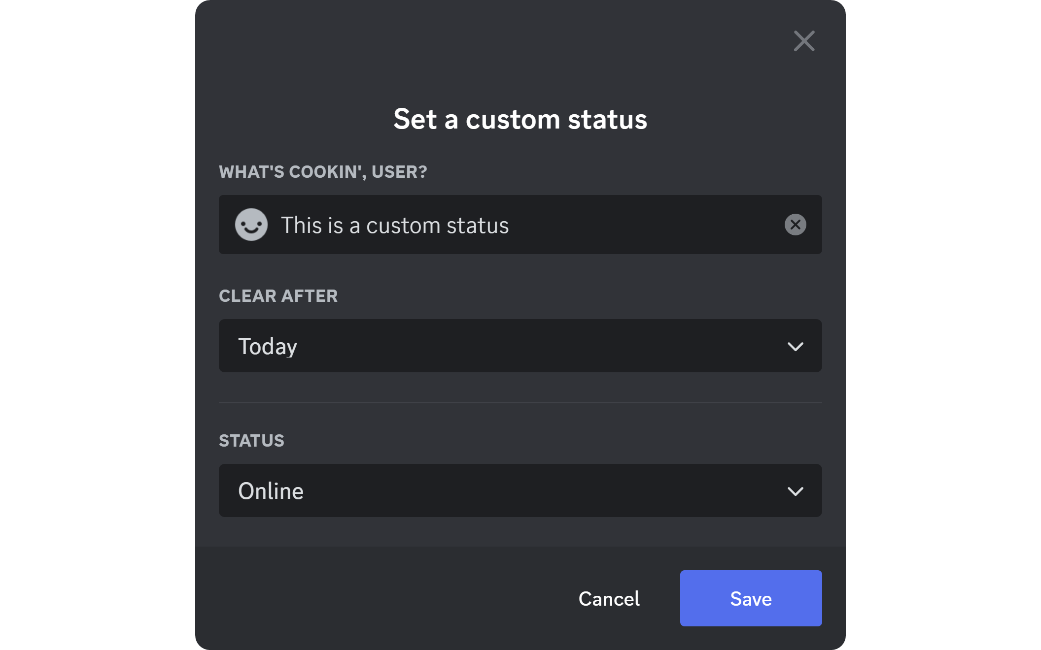 The Set a custom status window on Discord