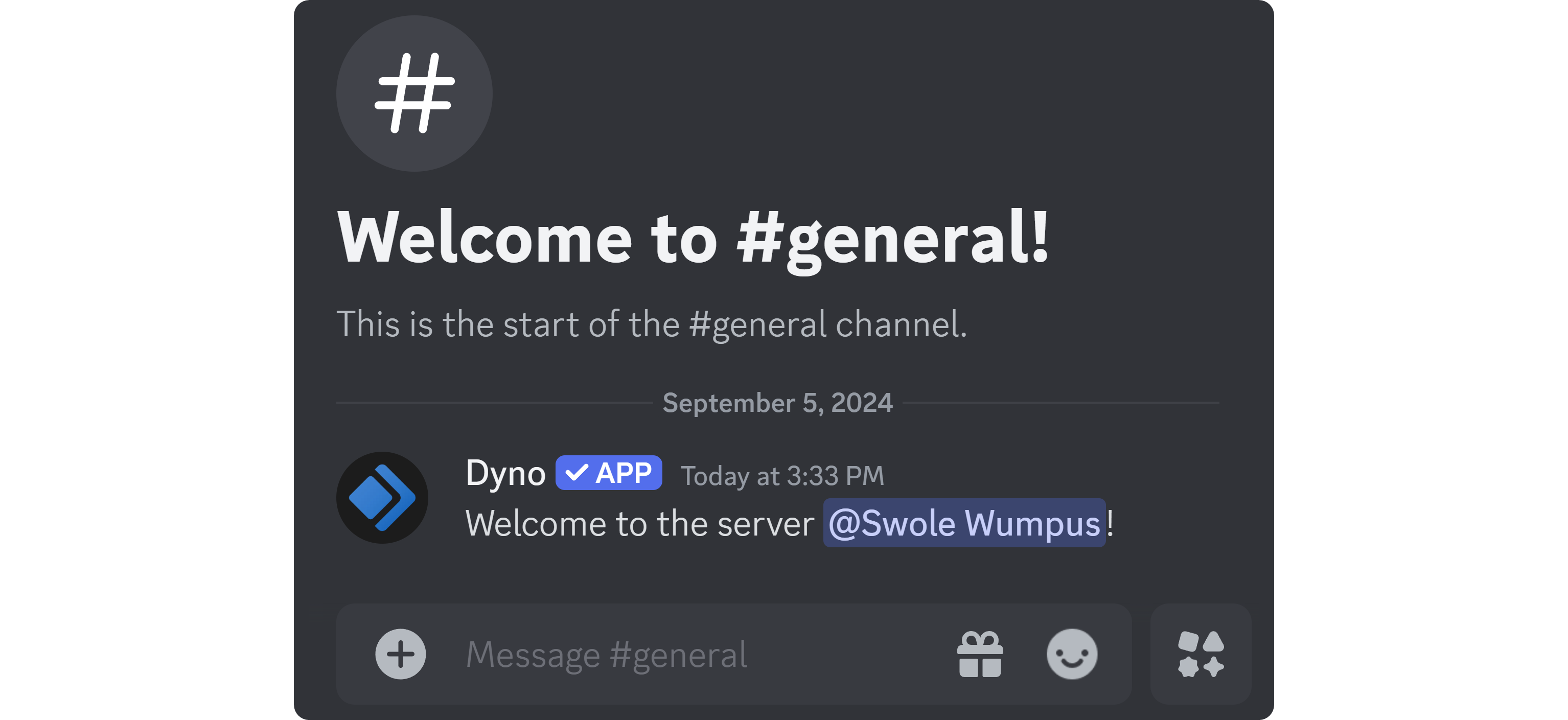 The welcome message from Dyno on Discord