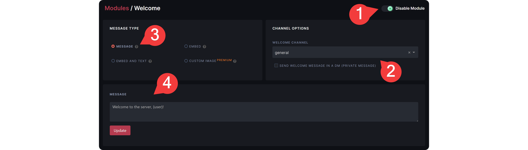 The Welcome module settings on the Dyno dashboard