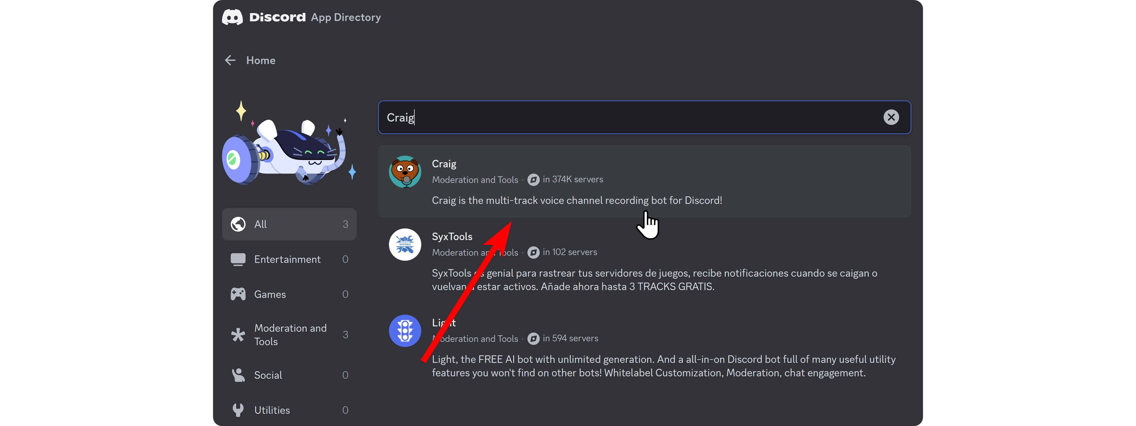 The search results in the App Directory section of Discord