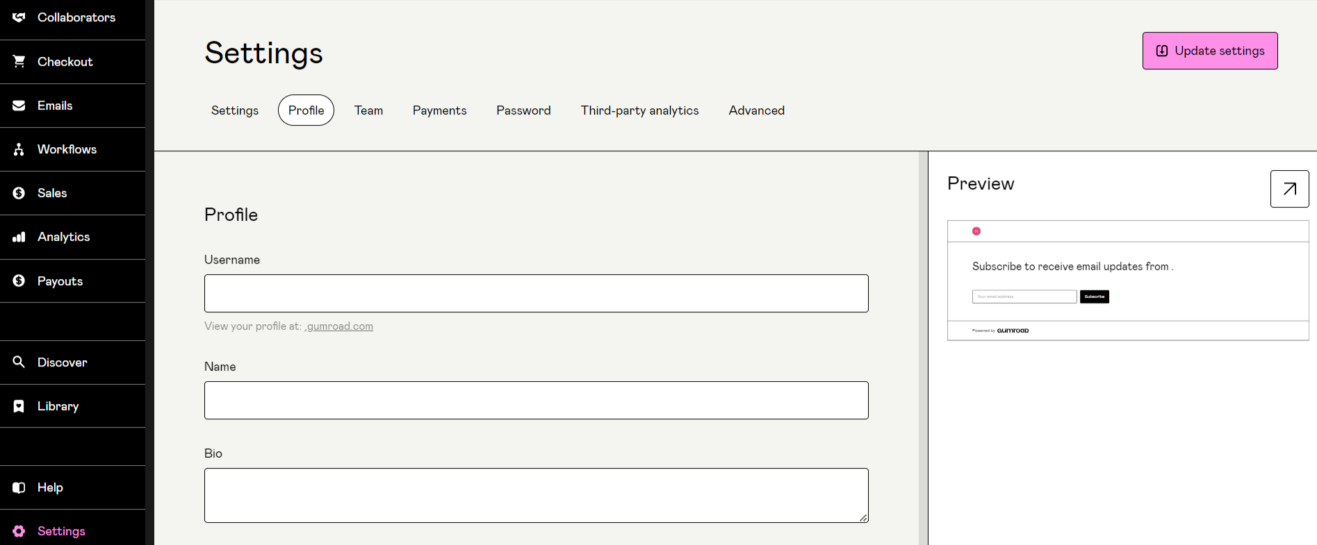 gumroad profile settings