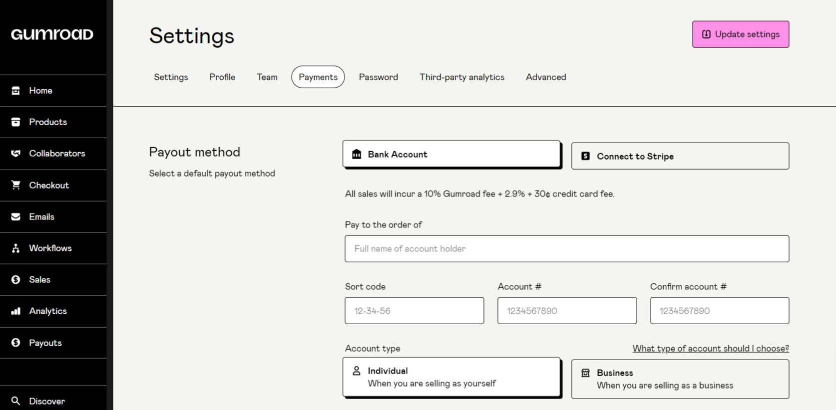 gumroad pay settings