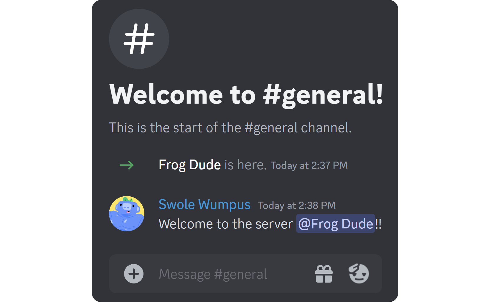 The welcome system message and a manual welcome message on Discord