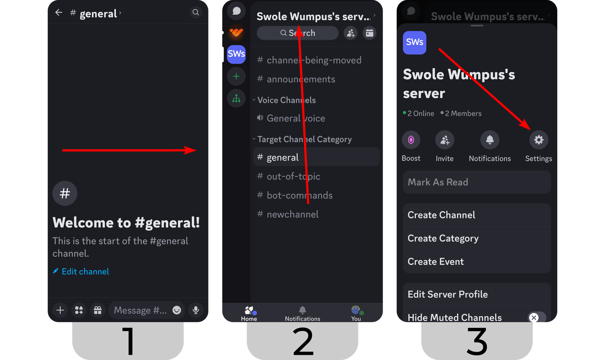 Steps of navigating into the settings of a server on Discord mobile