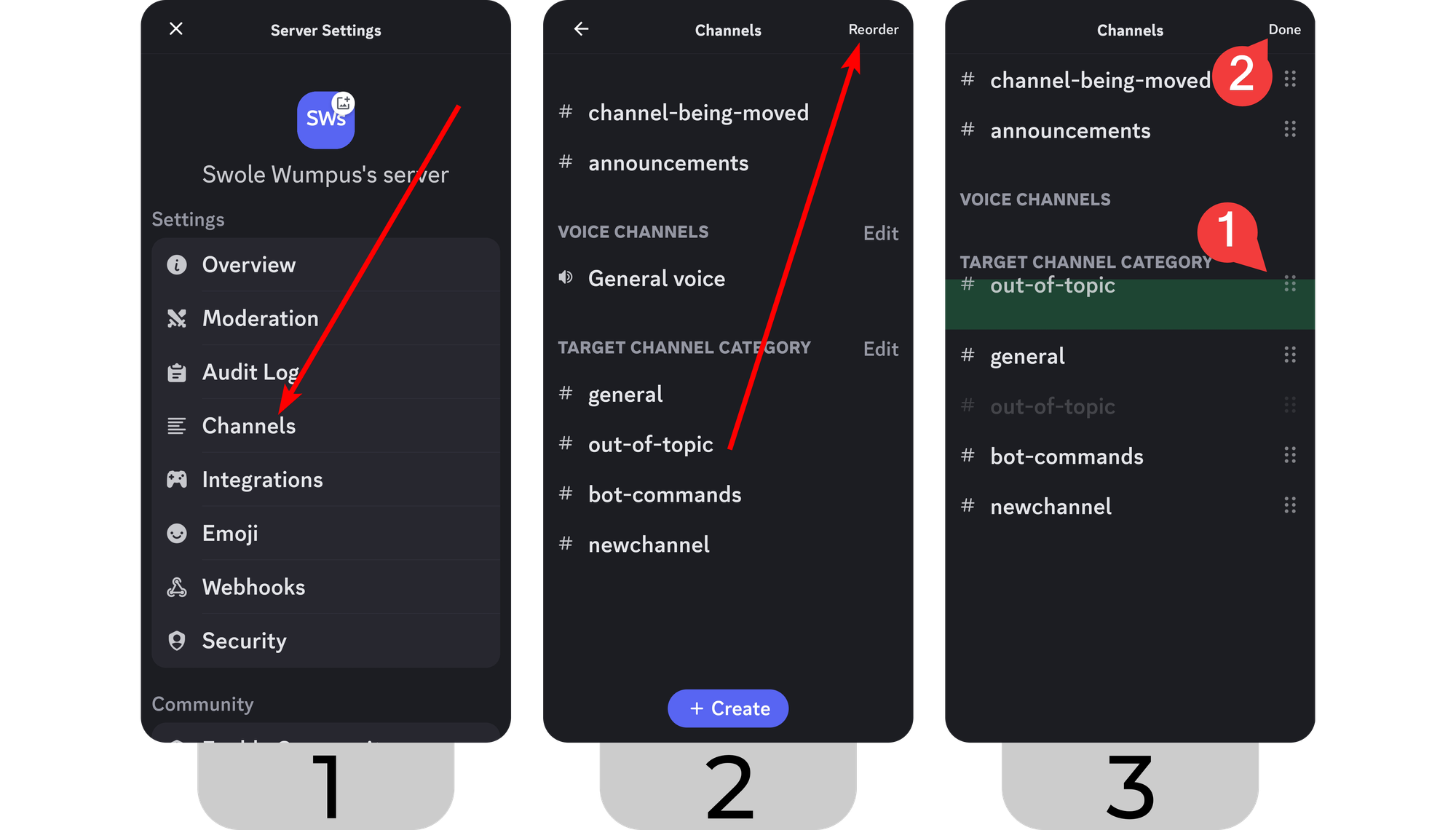 Steps of moving a channel on the mobile version of Discord