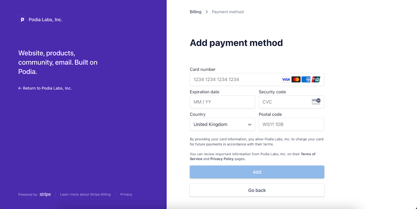 Podia add payment method