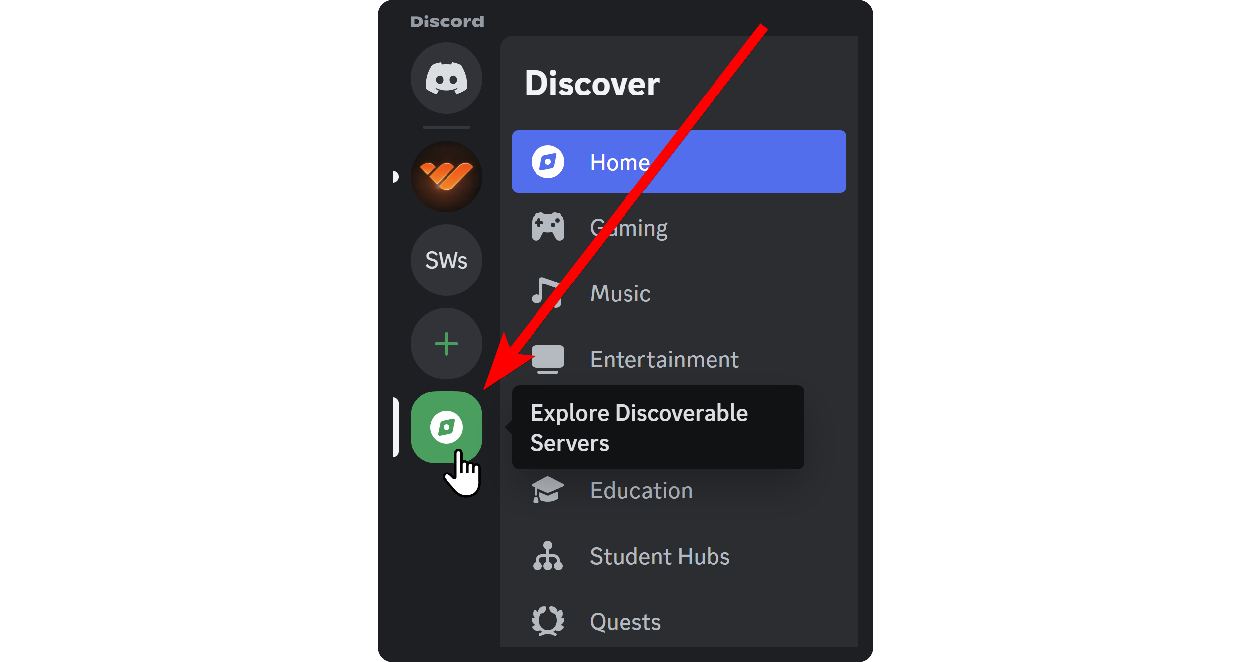 The Server Discovery button on Discord