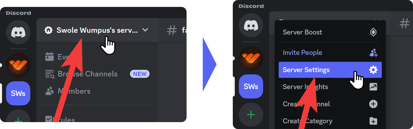 Steps of navigating to the settings of a Discord server