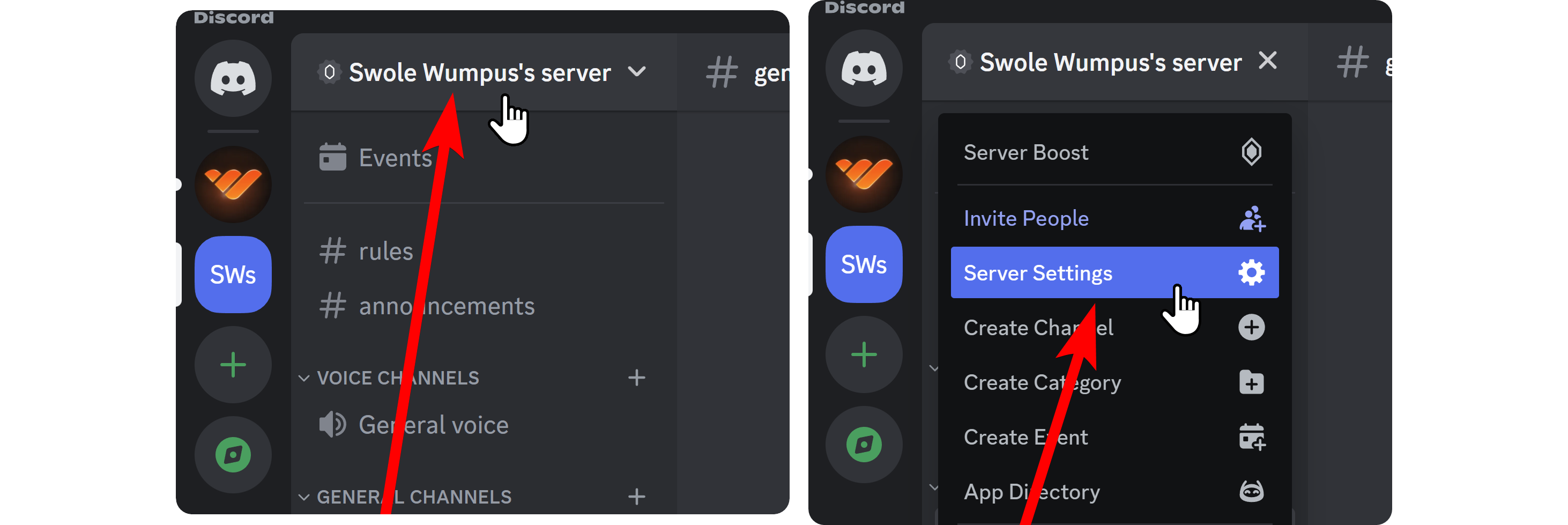 Steps of opening the server settings on Discord