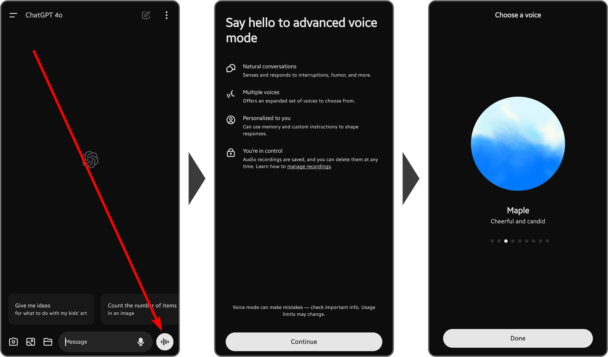 Steps of navigating into the advanced sound mode on mobile ChatGPT