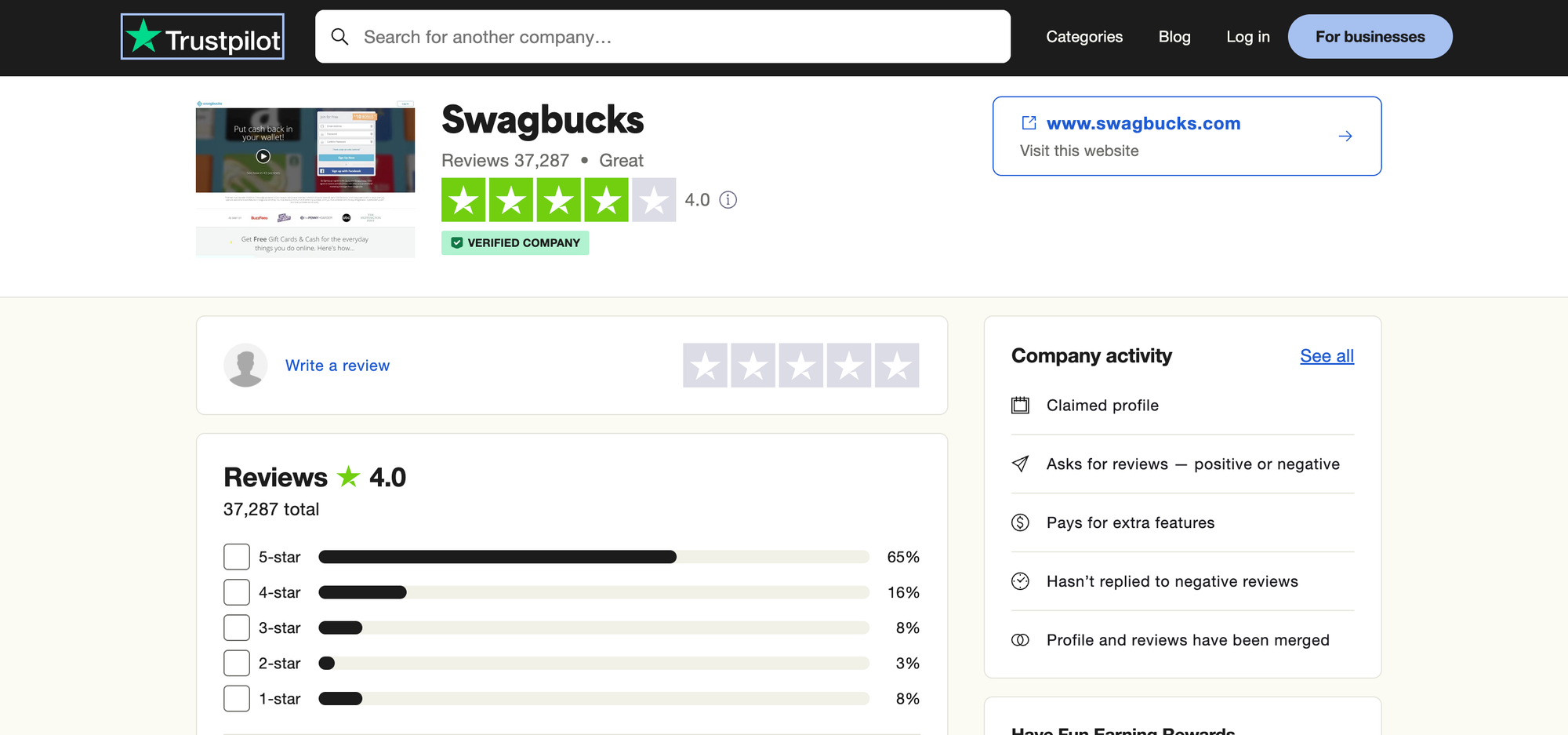 Swagbucks Trustpilot reviews