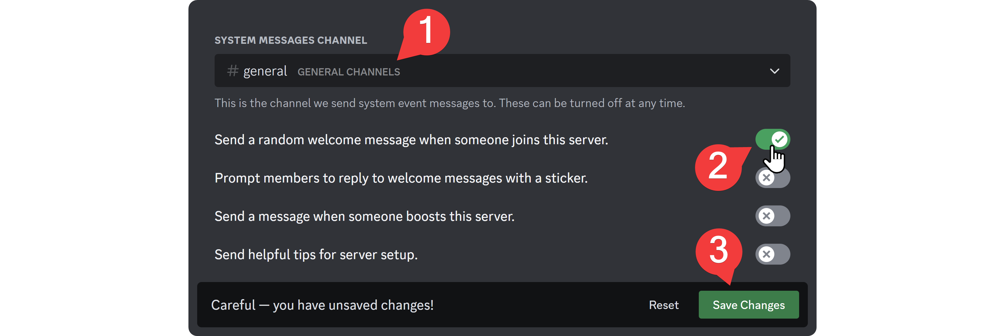 System messages settings of a Discord server on Discord