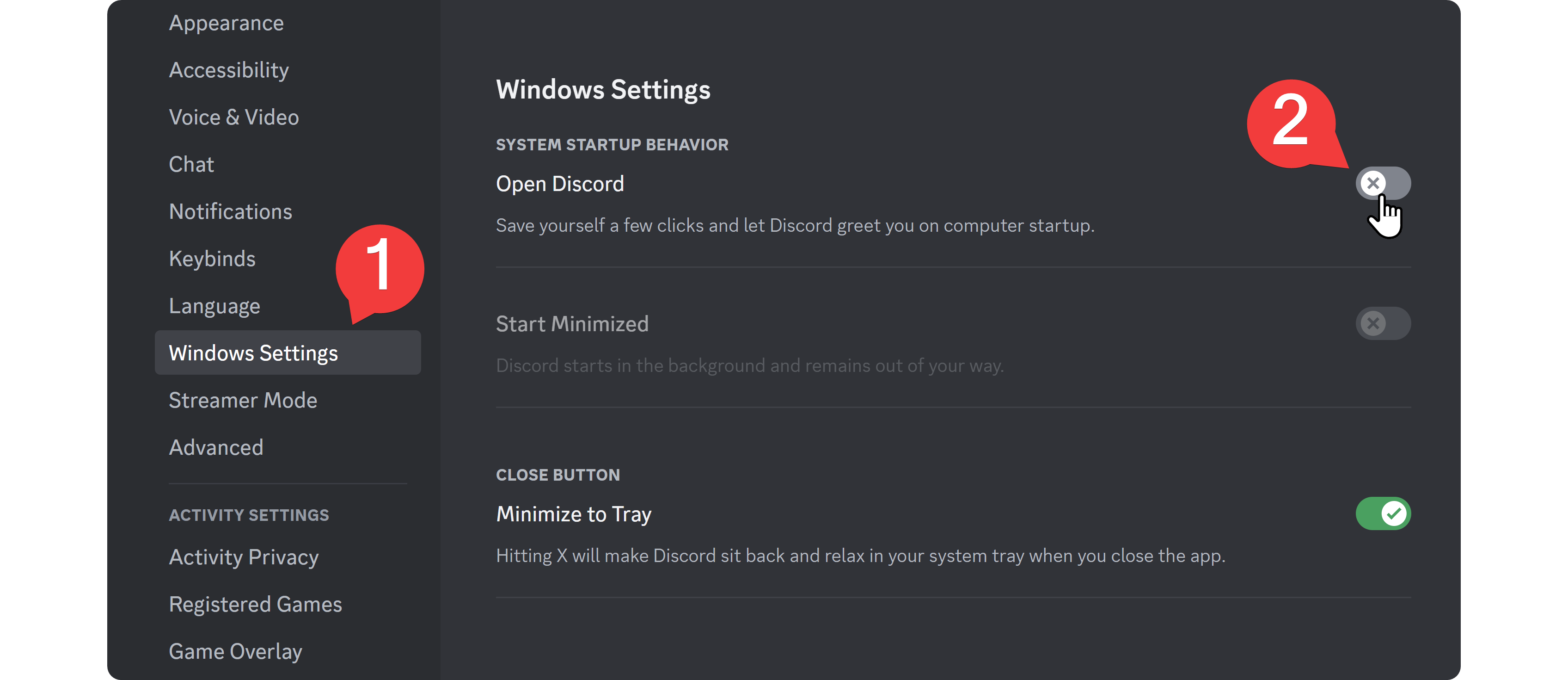 Steps of disabling Discord's startup on Discord