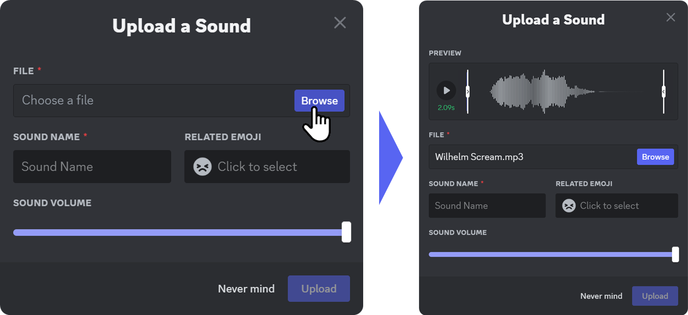 Steps of uploading sounds to a Discord server's soundboard