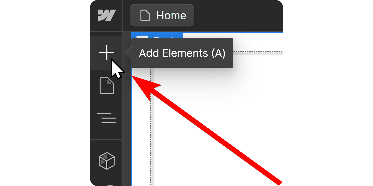 The Add Elements button on Webflow's visual editor