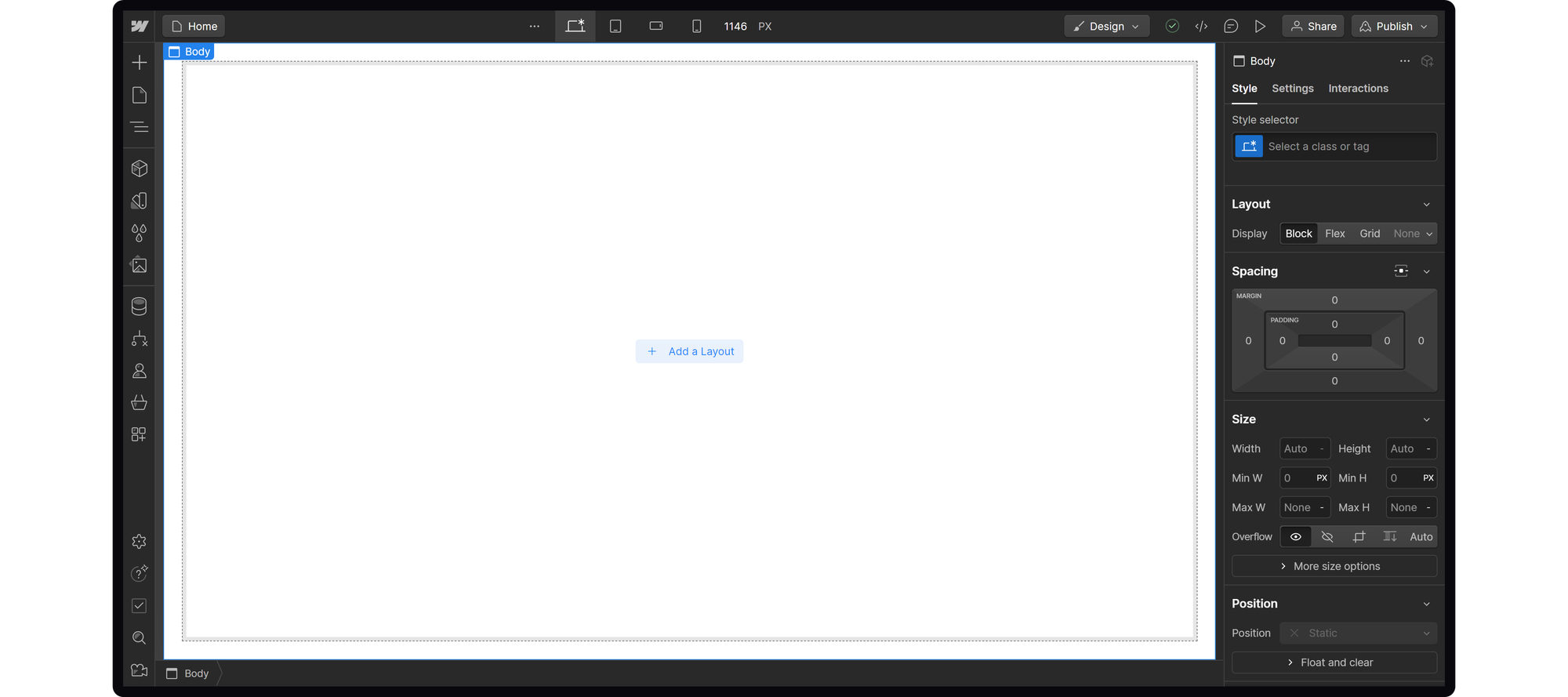 A blank site on Weblow's visual editor