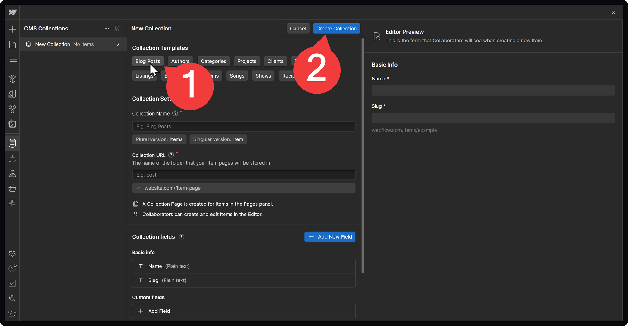 The CMS Collections settings on Webflow's visual editor