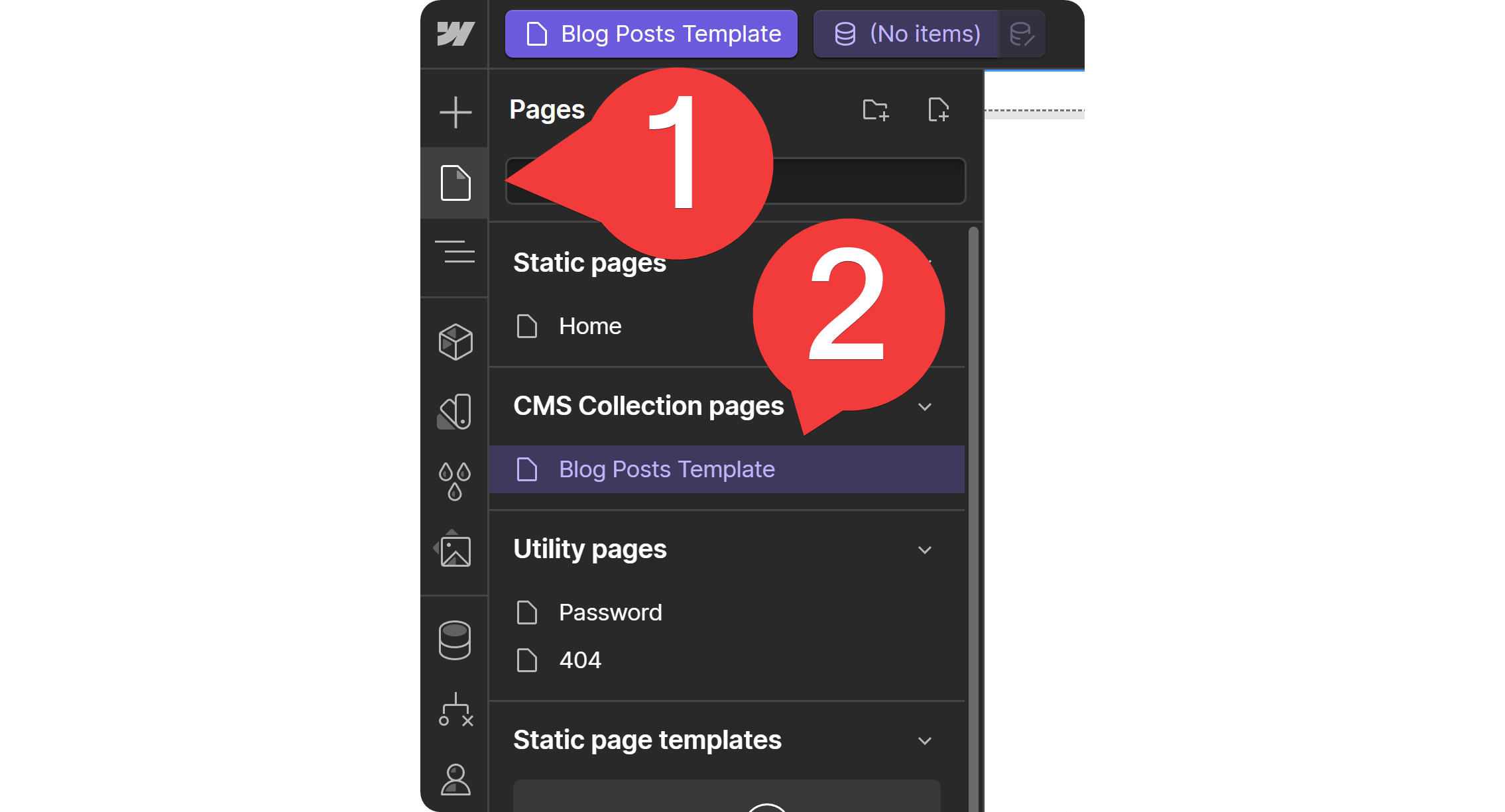 The Pages navigation tab on Webflow's visual editor