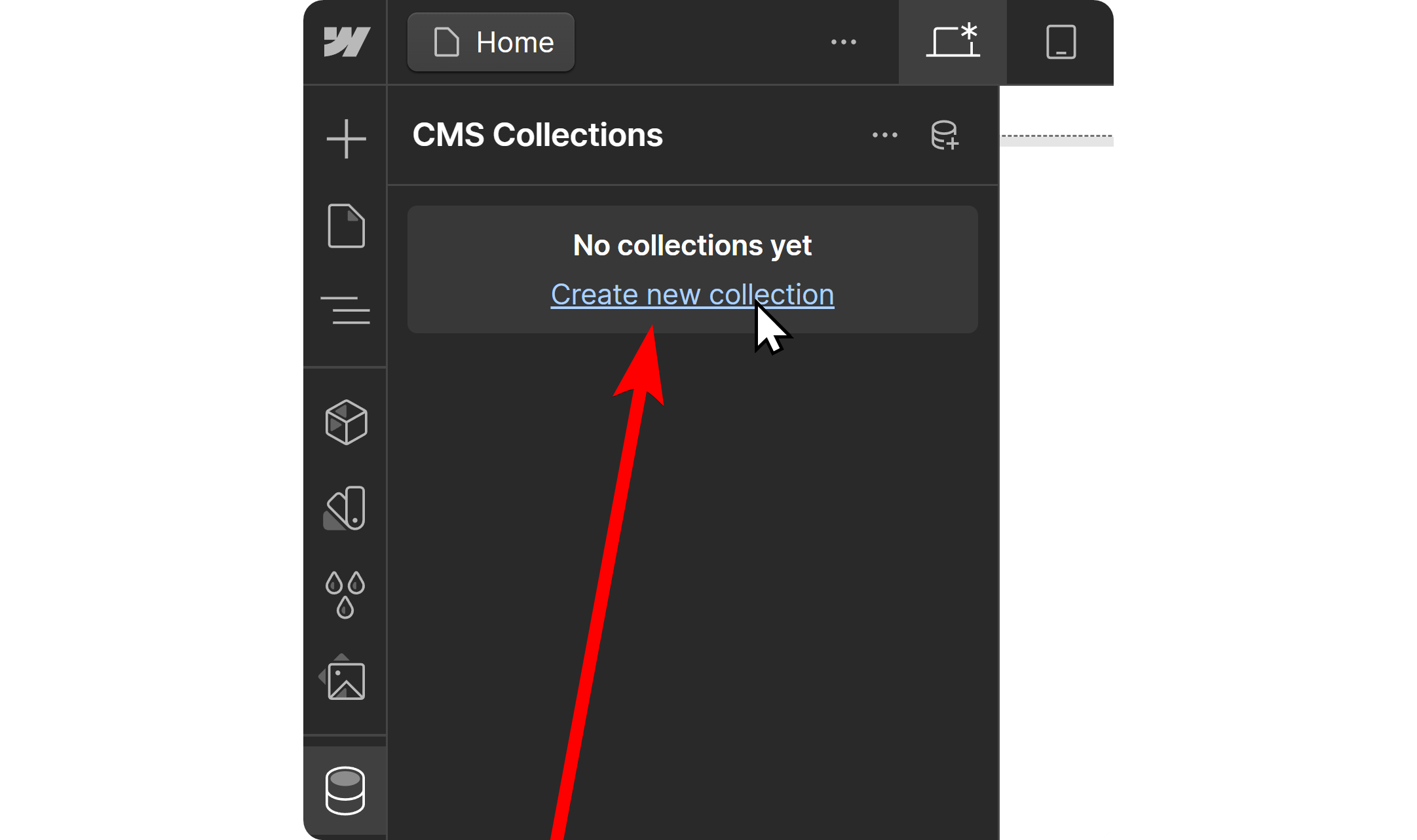 The Create new collection button on Webflow's visual editor