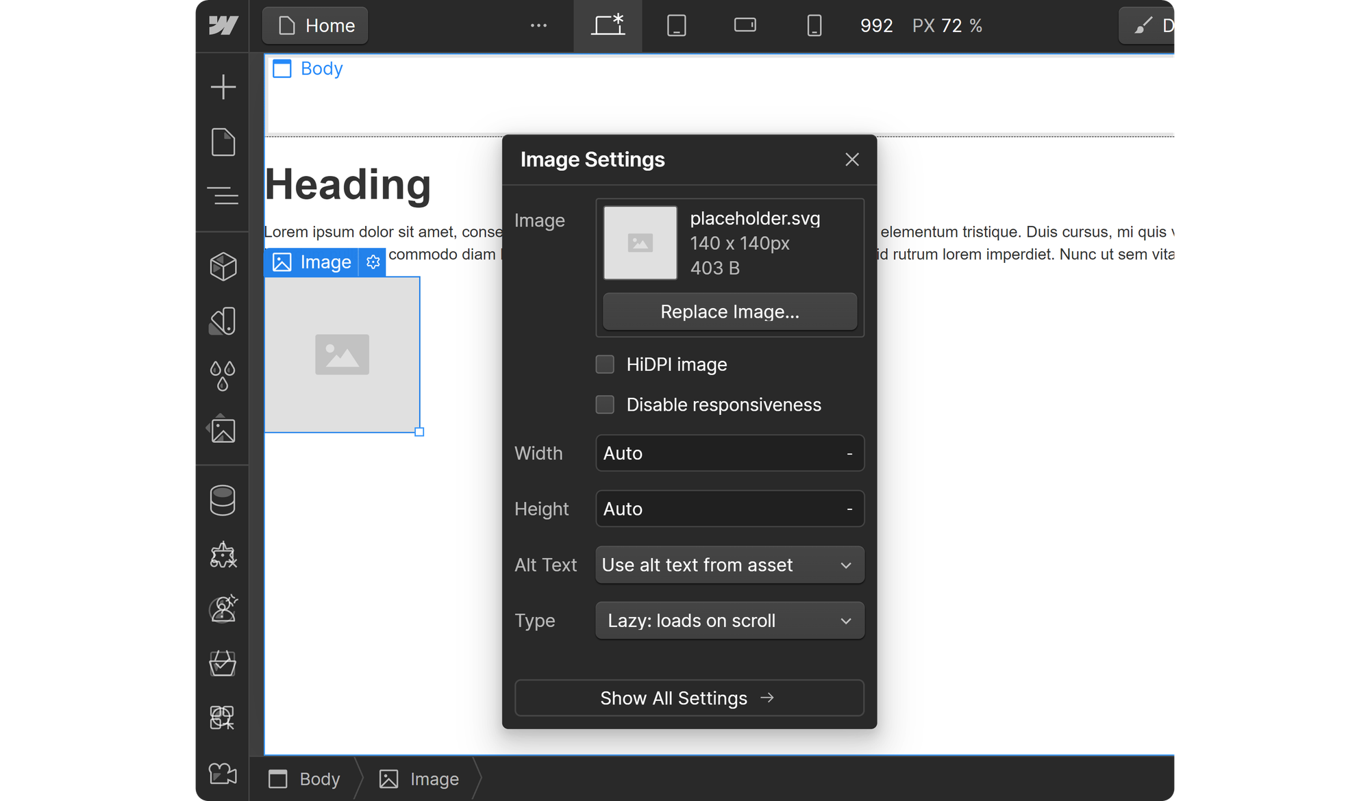 Image element settings on Webflow's visual editor