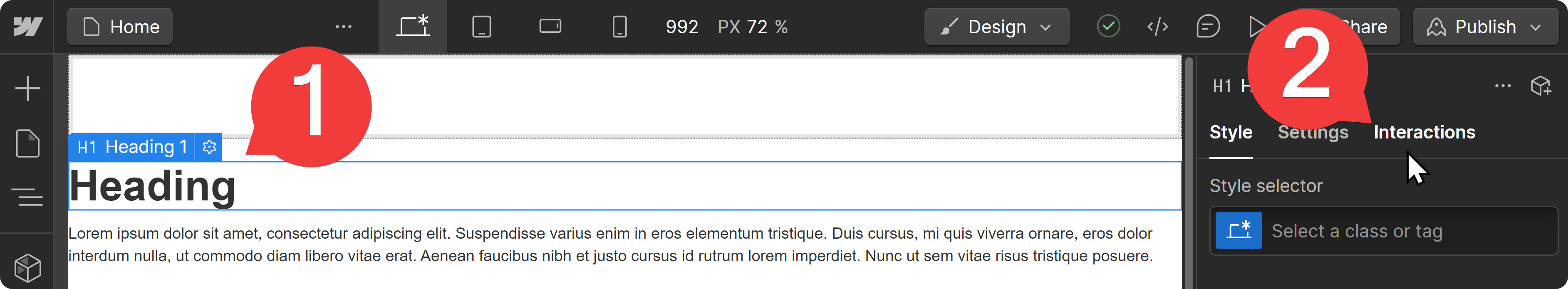 The Interactions tab of an element's properties on Webflow's visual editor