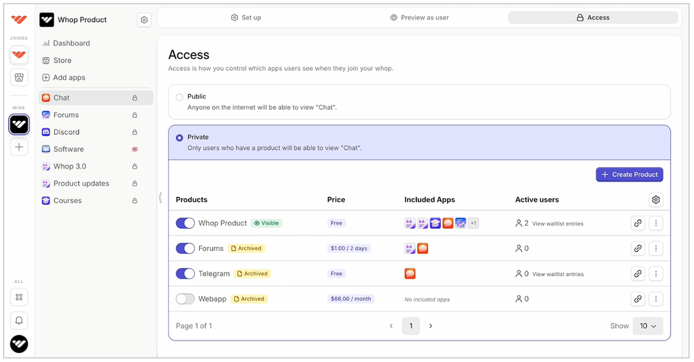 Whop dashboard