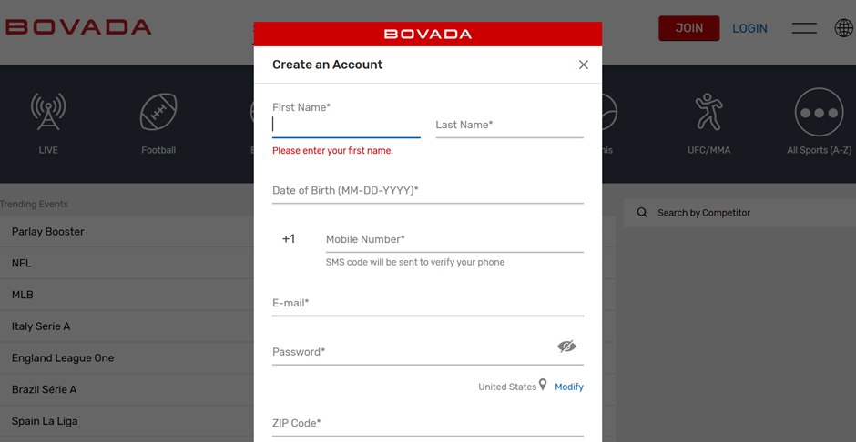 registration at Bovada