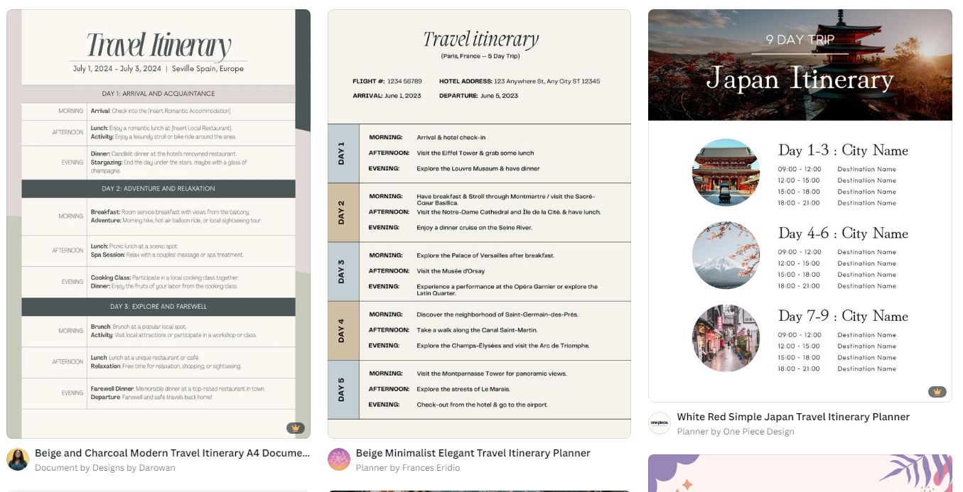 travel itineraries