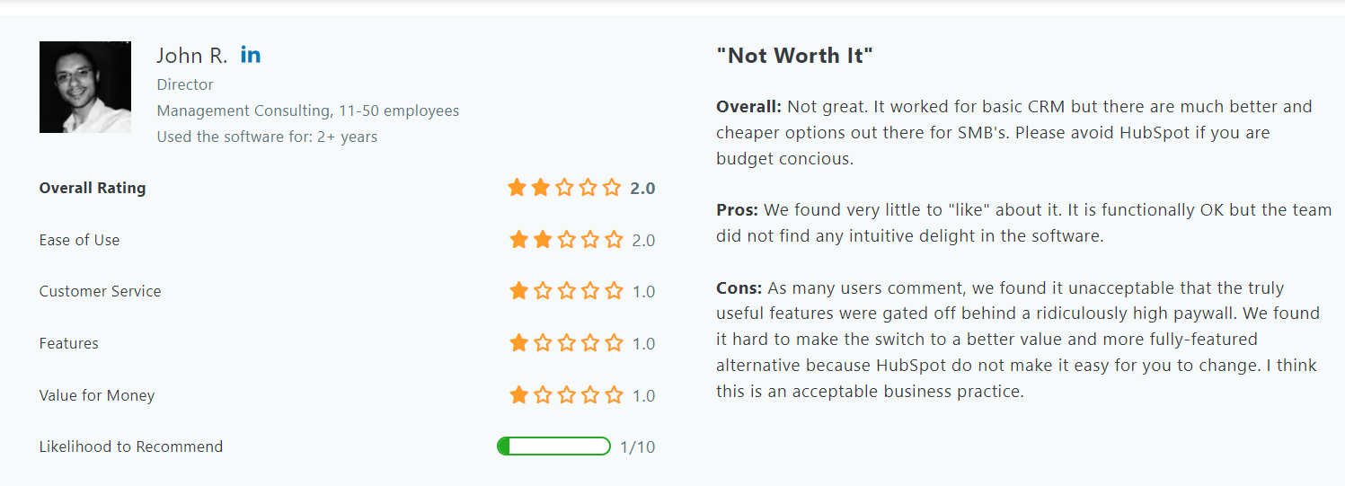 HubSpot CRM negative reviews