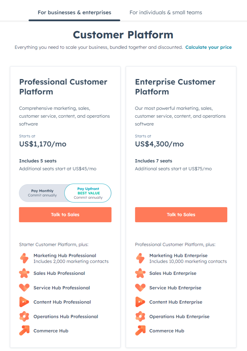 HubSpot customer platform price